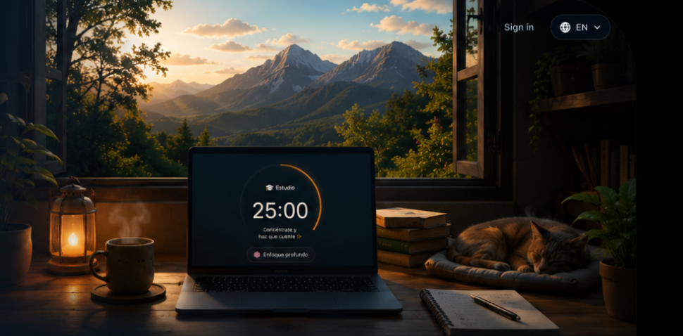 FocusBreak study environment with laptop timer, mountain view, companion and ambient nature setting